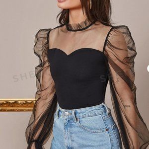 Black fitted top with mesh sleeves, Size XS, puff sleeve, long sleeved